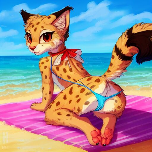 NSFW female cheetah on the beach,  by AI and artists hioshiru, kenket, bloominglynx and so on page 1 full