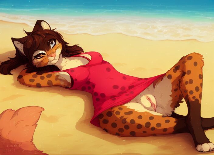NSFW female cheetah on the beach,  by AI and artists hioshiru, kenket, bloominglynx and so on page 11 full