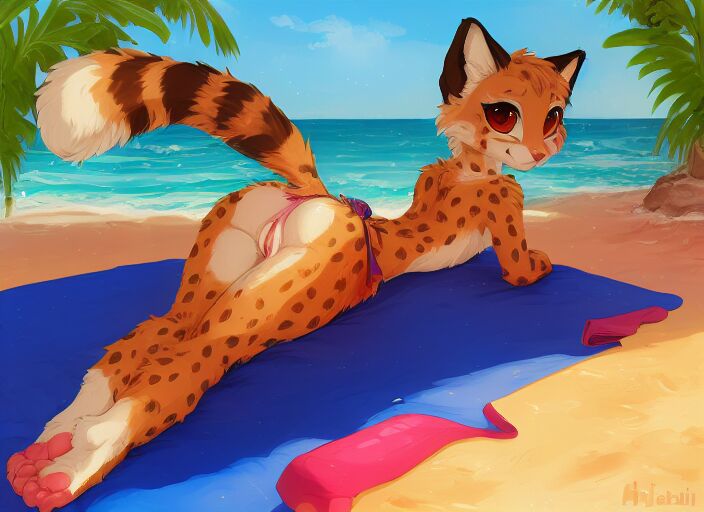 NSFW female cheetah on the beach,  by AI and artists hioshiru, kenket, bloominglynx and so on page 9 full